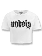 Load image into Gallery viewer, Ladies Unholy Crop Tee White
