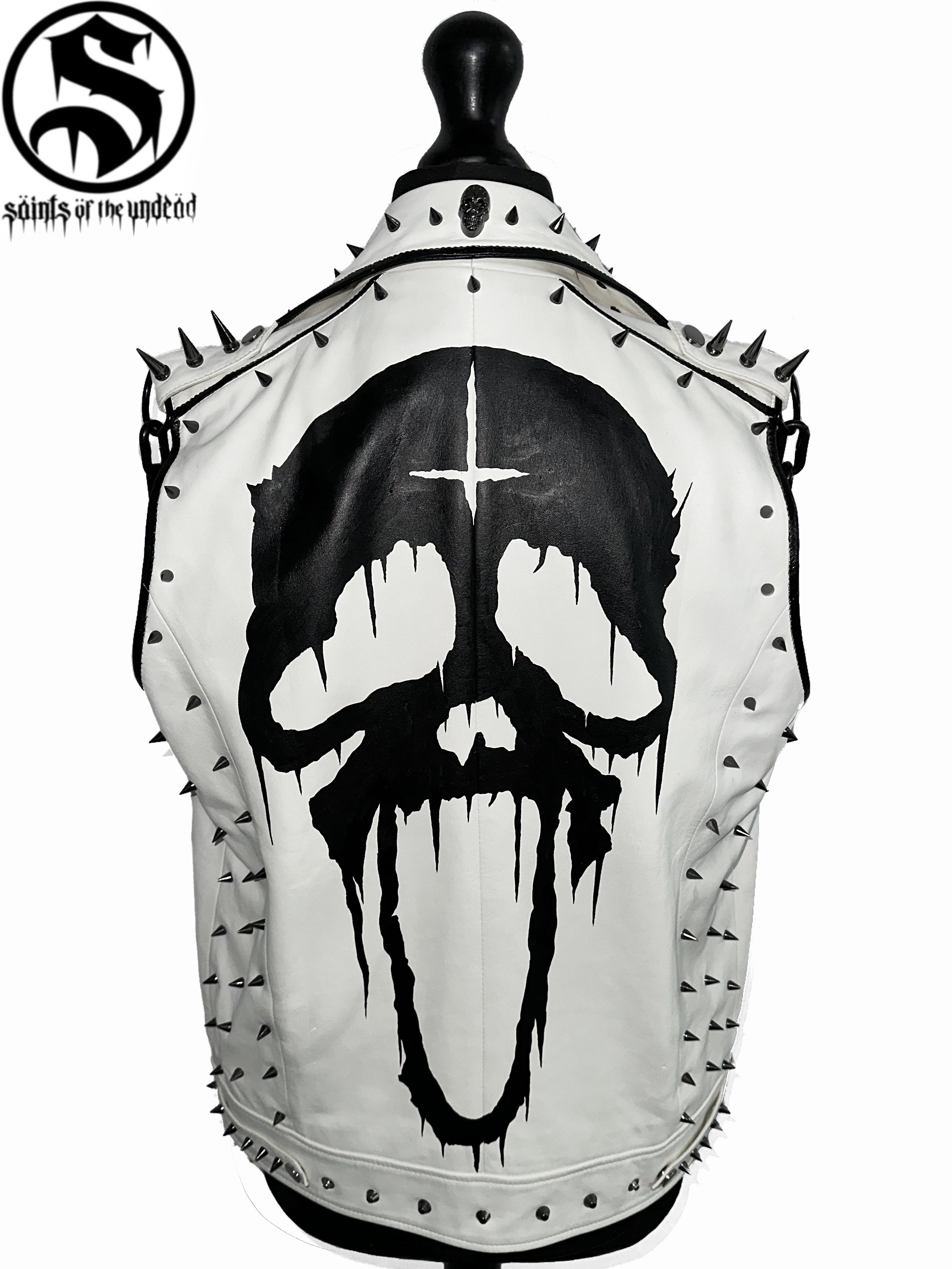 SCREAM GHOSTFACE WHITE SLEEVELESS LEATHER JACKET – Saints of the Undead ...